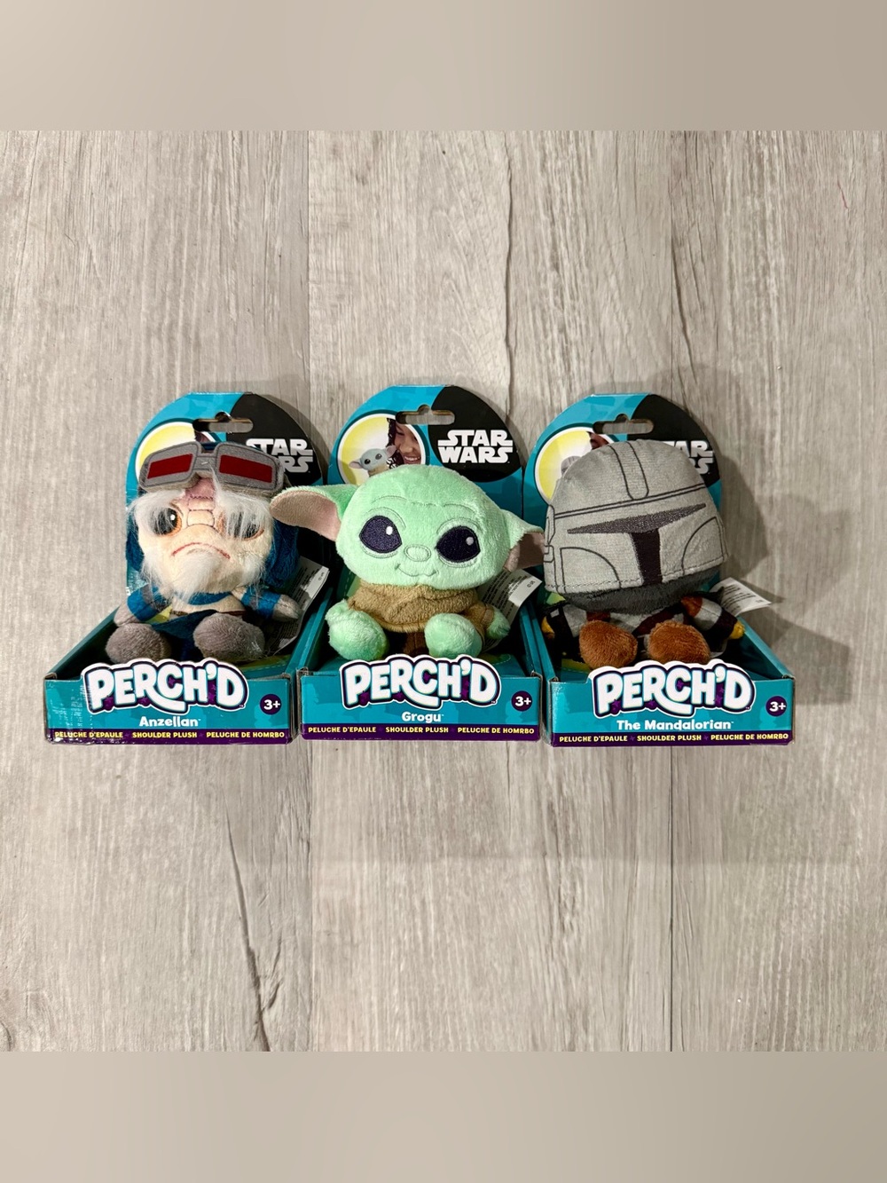 Set of Three Star Wars Perch'd Plush The Mandalorian Grogu Anzellan